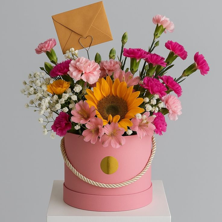 The Sunrise Bundle — pink box with sunflower and carnations