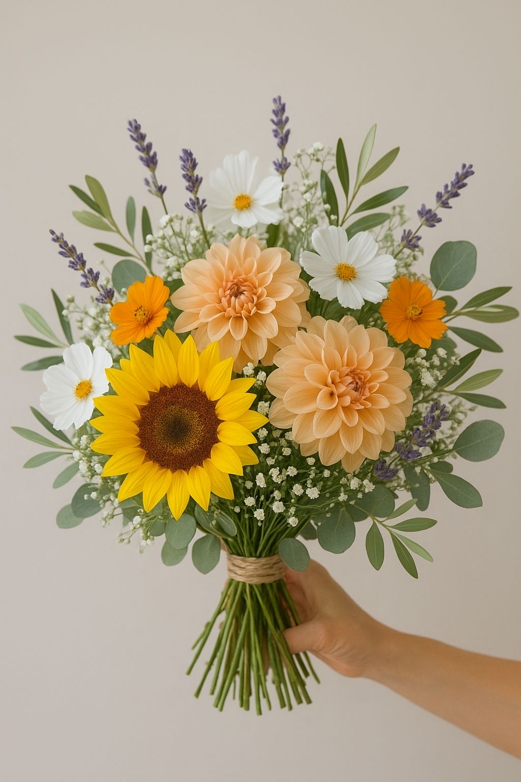 Sunflower, dahlia and lavender bouquet