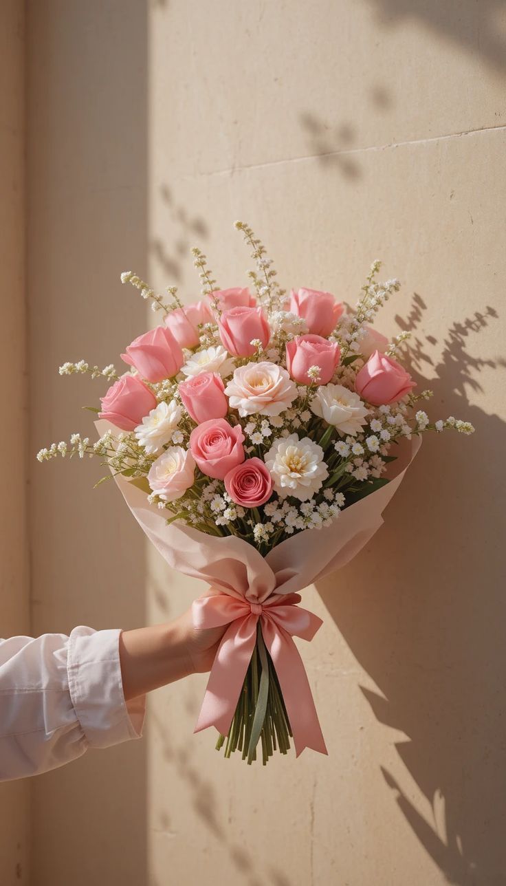 Pink roses and baby's breath bouquet